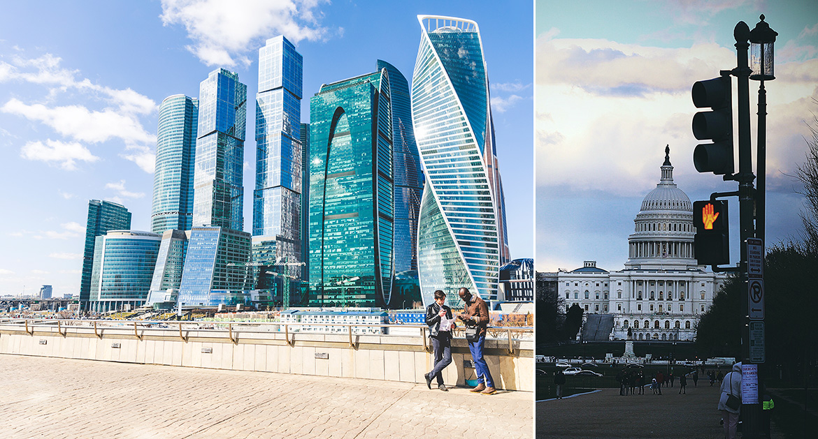 Moskva City och Capitol Hill, Washington DC.