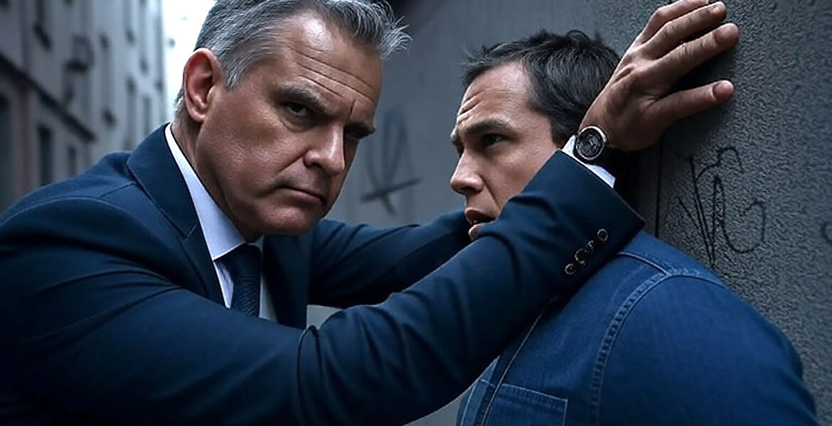 Fiktiv bankman trycker upp privatperson mot vägg.
