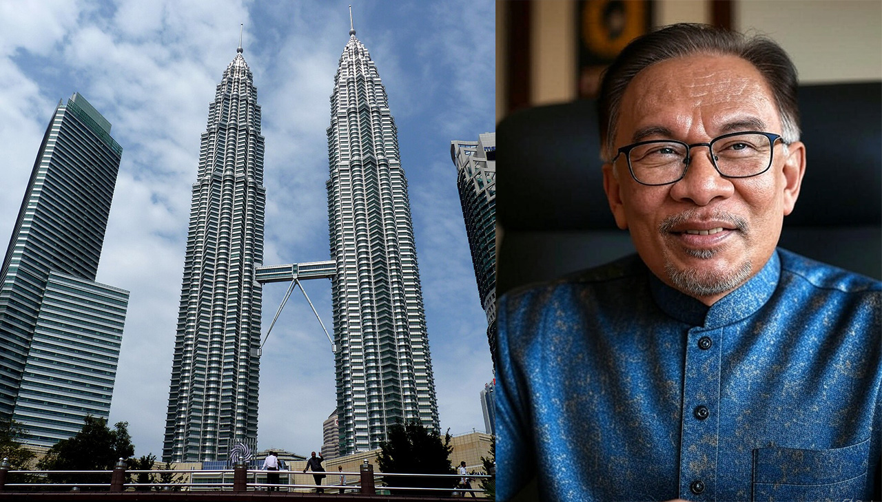 Petronas Towers, Kuala Lumpur, Malaysia and Prime Minister of Malaysia Anwar Ibrahim