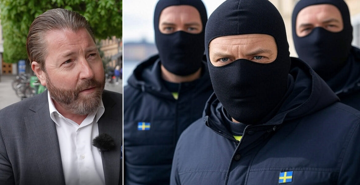 The defence attorney Anton Strand and a depiction of three masked Swedish secret police officers.