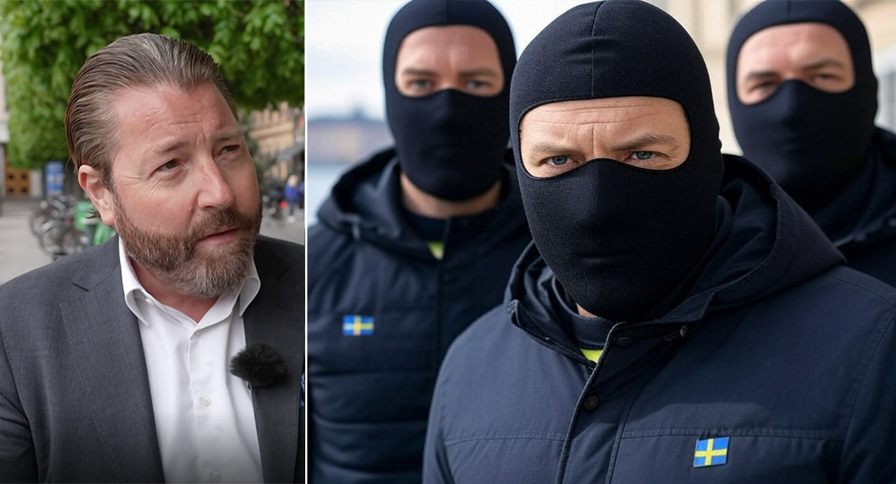 The defence attorney Anton Strand and a depiction of three masked Swedish secret police officers.