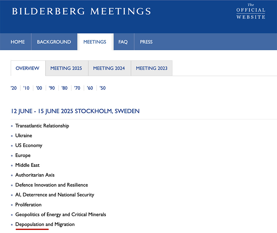 Bilderberggruppen diskuterade depopulation i Stockholm, 14 juni, 2025. Skärmdup från Bilderbergmeetings.org