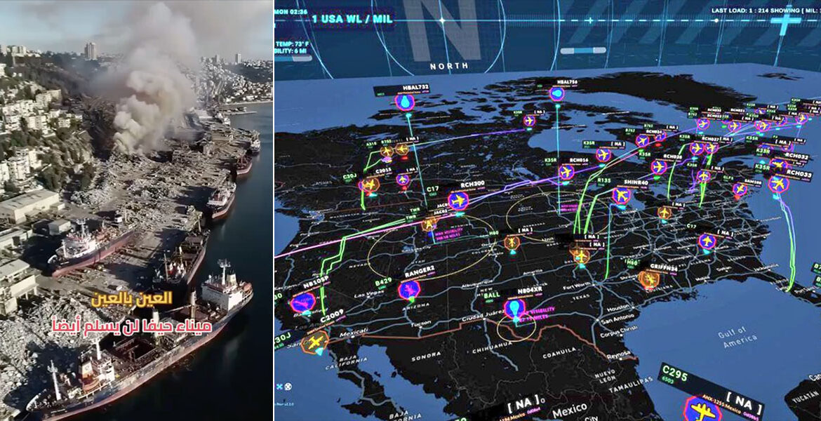 Hamnen i den den israeliska staden Haifa har totalförstörts. Amerikanska tankningsplan har lämnat USA enligt tjänsten Aviarlabs, 16 juni 2025.