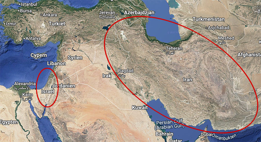 Karta med Israel och Iran.