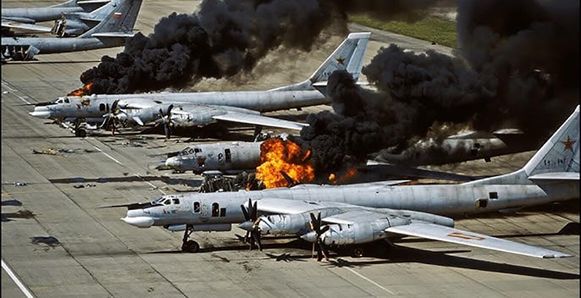 Russian nuclear bombers are burning after an Ukrainian attack, June 1, 2025.