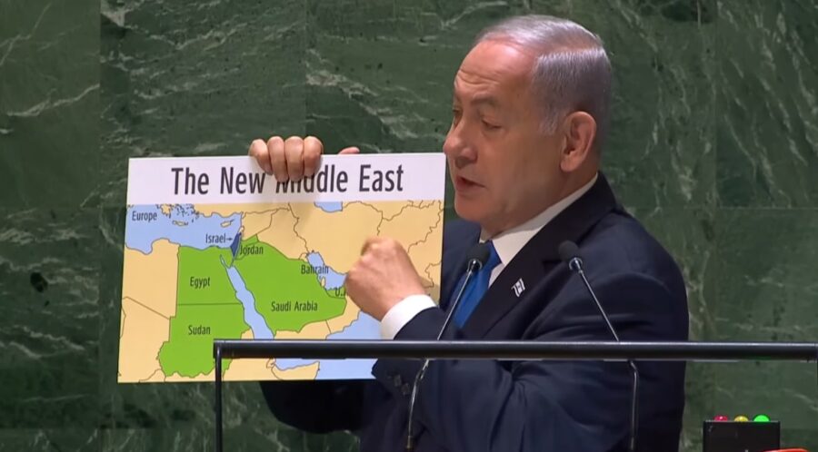 Netanyahu höll ett fredstal under FN:s 78:e generalförsamling i New York, den 22 september 2023.