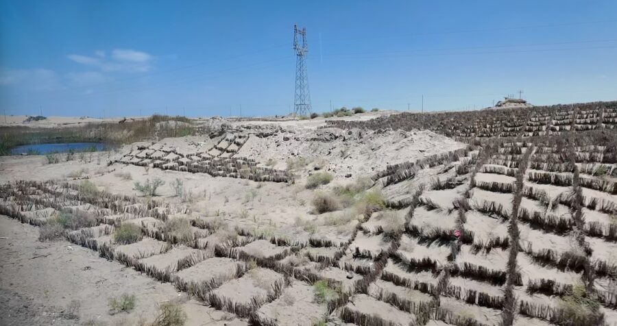 Ökenspridning stoppas i Xinjiang, Kina, genom att halmstrån sticks ner i sanden.