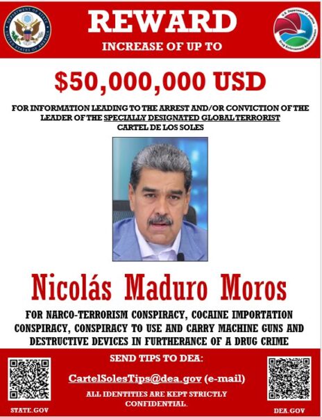 Affisch: Nicholas Maduro efterlyst av USA.
