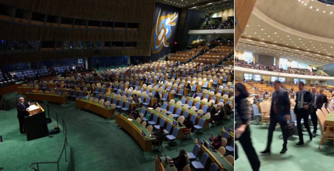 Representanter från världens nationer, lämnade i protest den stora hallen i FN när Benjamin Netanyahu skulle tala den 26:e september 2025