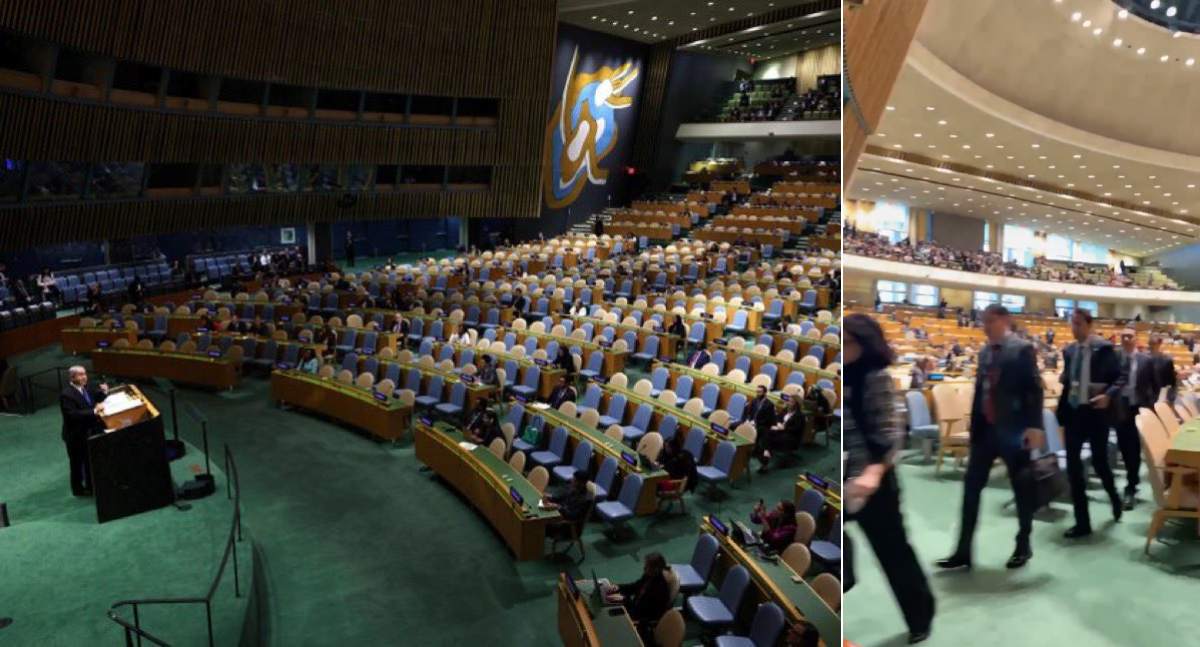 Representanter från världens nationer, lämnade i protest den stora hallen i FN när Benjamin Netanyahu skulle tala den 26:e september 2025
