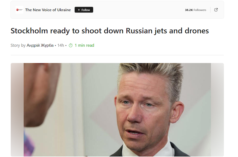 Pål Jonson sa den 23 september 2025 att Sverige är redo att skjuta ner ryska plan. 