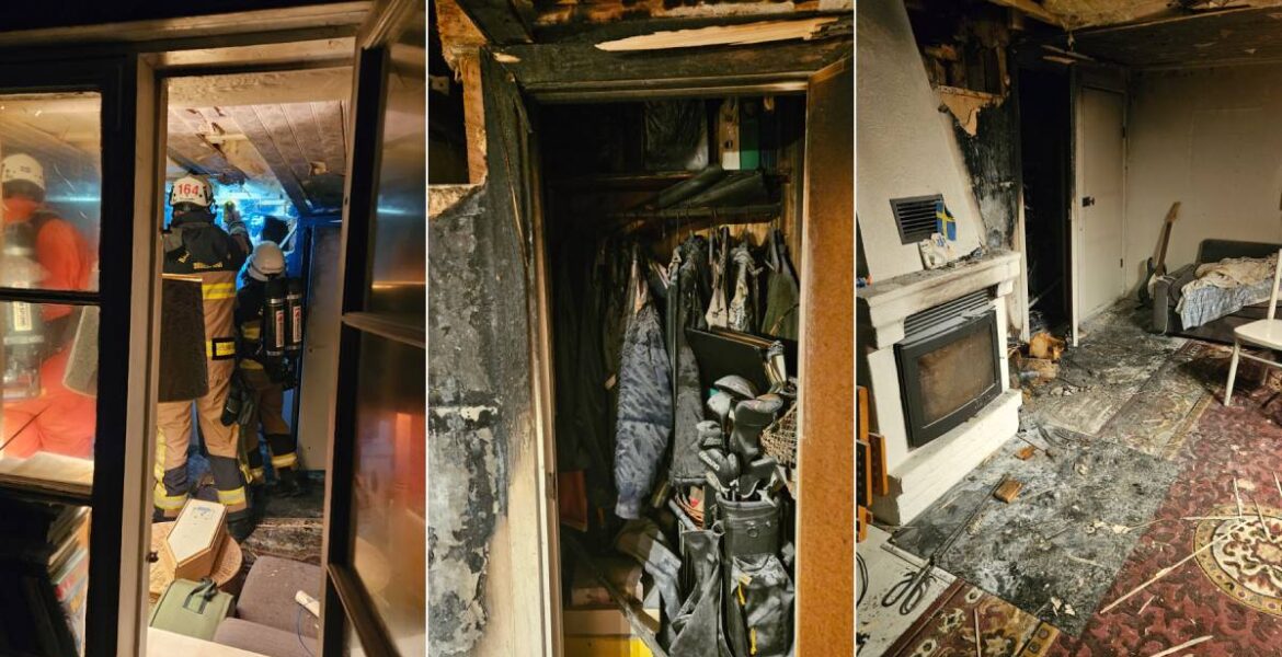 Brandmän från Nynäs, Muskö och Södertörn släcker branden i väggen i Angnäset på Muskö