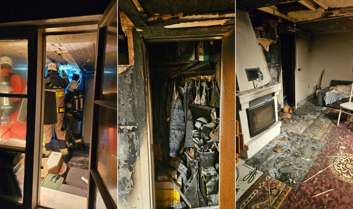 Brandmän från Nynäs, Muskö och Södertörn släcker branden i väggen i Angnäset på Muskö