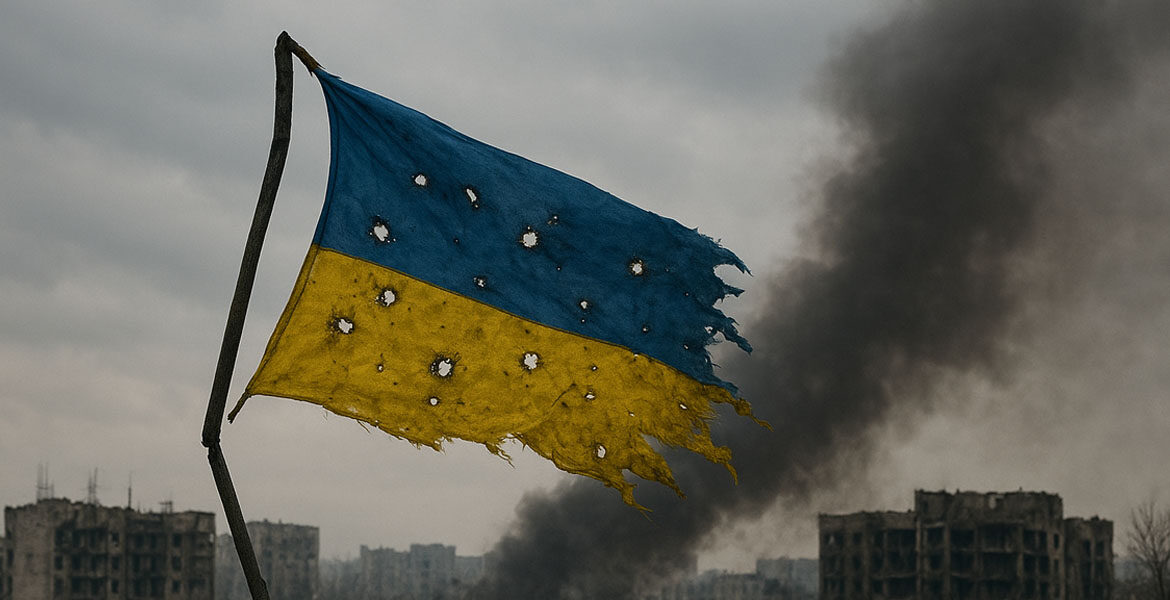 En ukrainsk flagga med kulhål | AI-bild: K. Hell