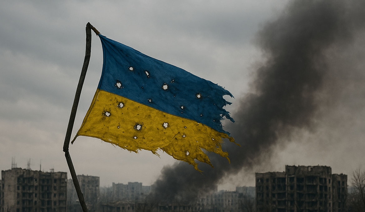 En ukrainsk flagga med kulhål | AI-bild: K. Hell