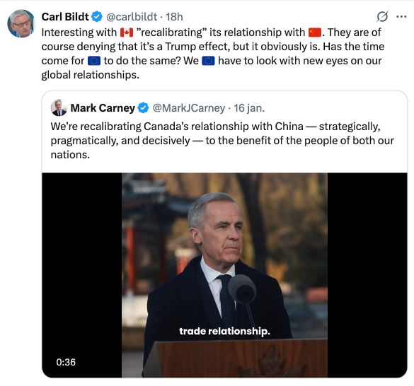Carl Bildt comments on the new Canada-China development, Jan 18, 2026, X.com