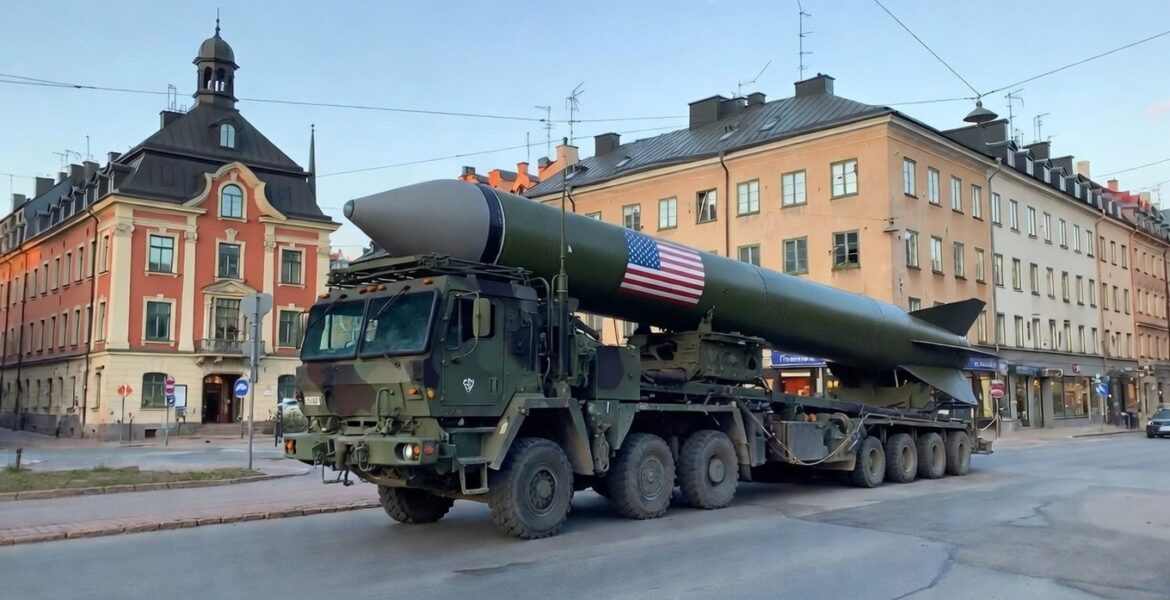 En fiktiv transport av en amerikansk ballistisk missil längs en gata i Stockholm