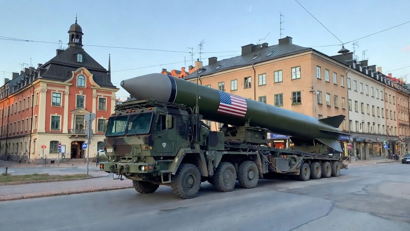 En fiktiv transport av en amerikansk ballistisk missil längs en gata i Stockholm