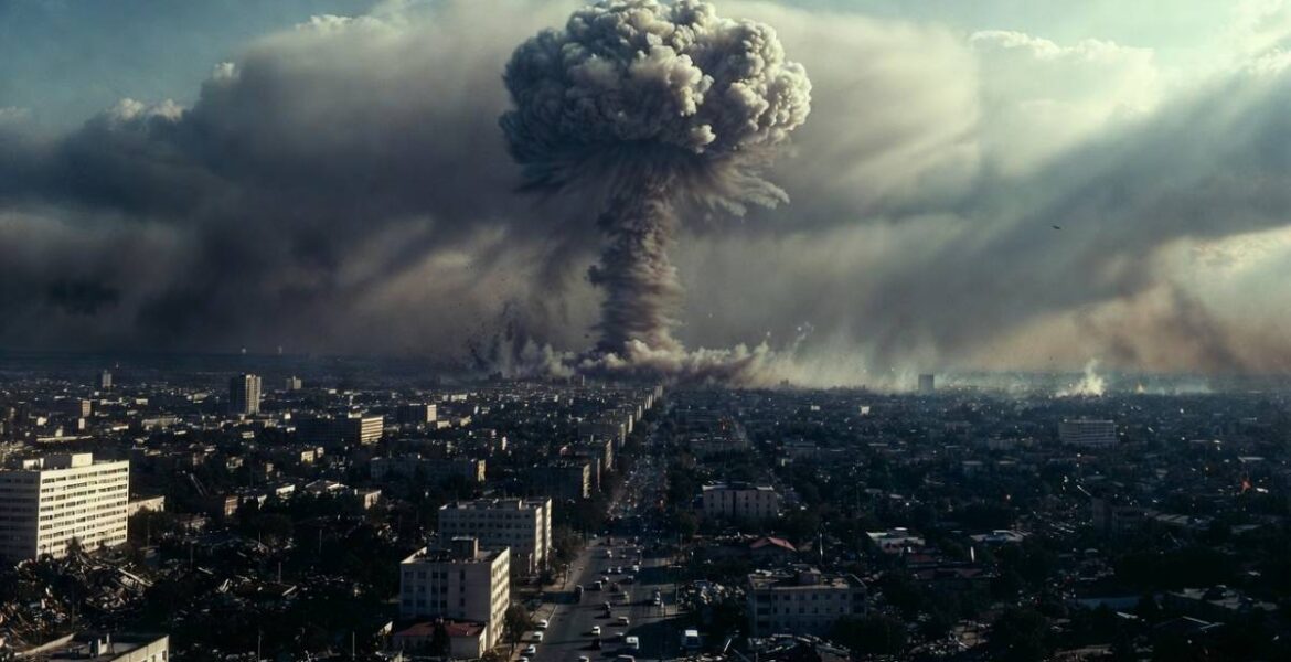 En fiktiv nukleär attack med en atombomb mot en stad.