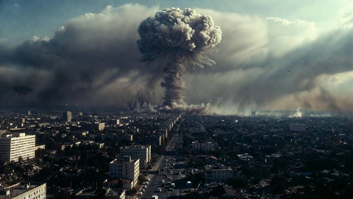 En fiktiv nukleär attack med en atombomb mot en stad.