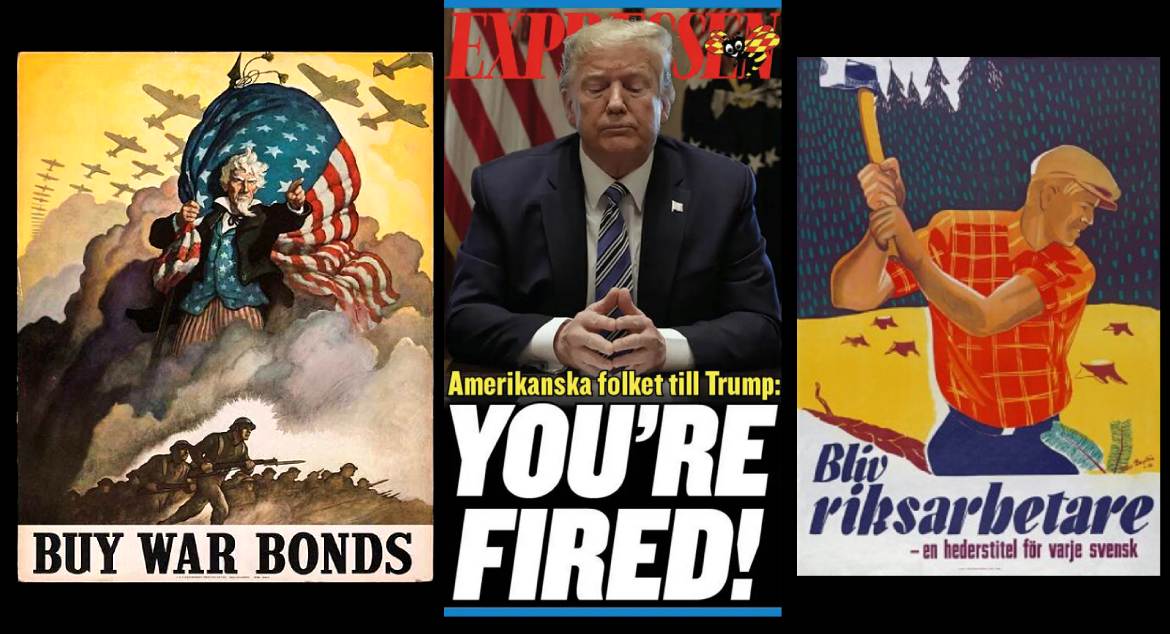 Propaganda-affischer och en löpsedel.