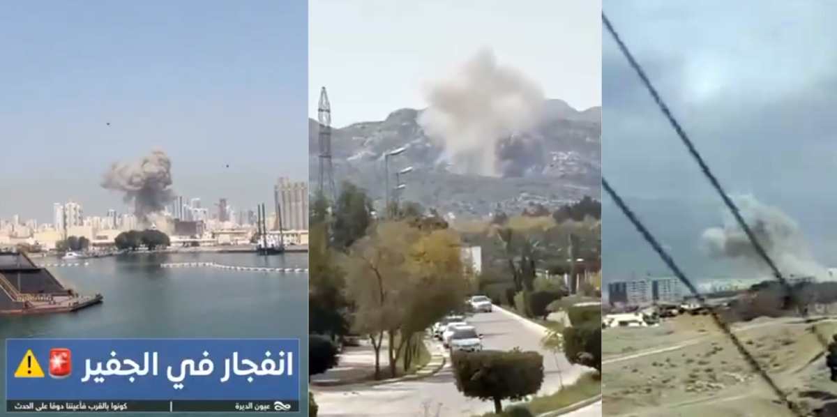 Bild: Missiler har slagit ner i Al-Juffair, Bahrain (tv), Bushehr i Iran (mitten) och mot en militärbas i Iran (th)