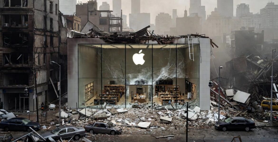 Apple Store förstörd av en fiktiv interkontinental missil.