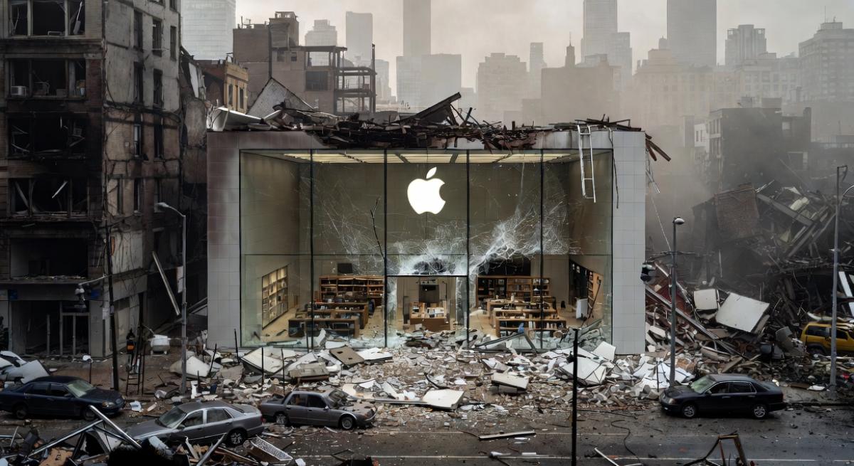 Apple Store förstörd av en fiktiv interkontinental missil.
