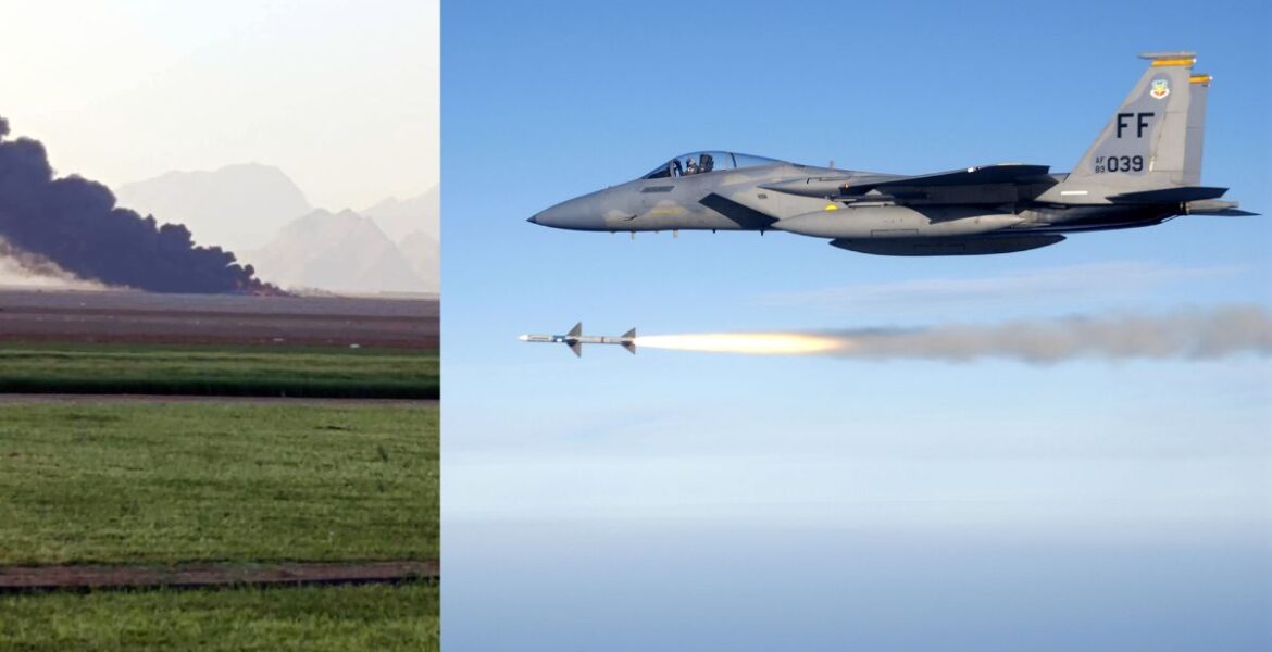 Ett amerikanskt stridsflygplan av modellen F-15. Bilden till vänster uppges visa två brinnande C-130 plan.