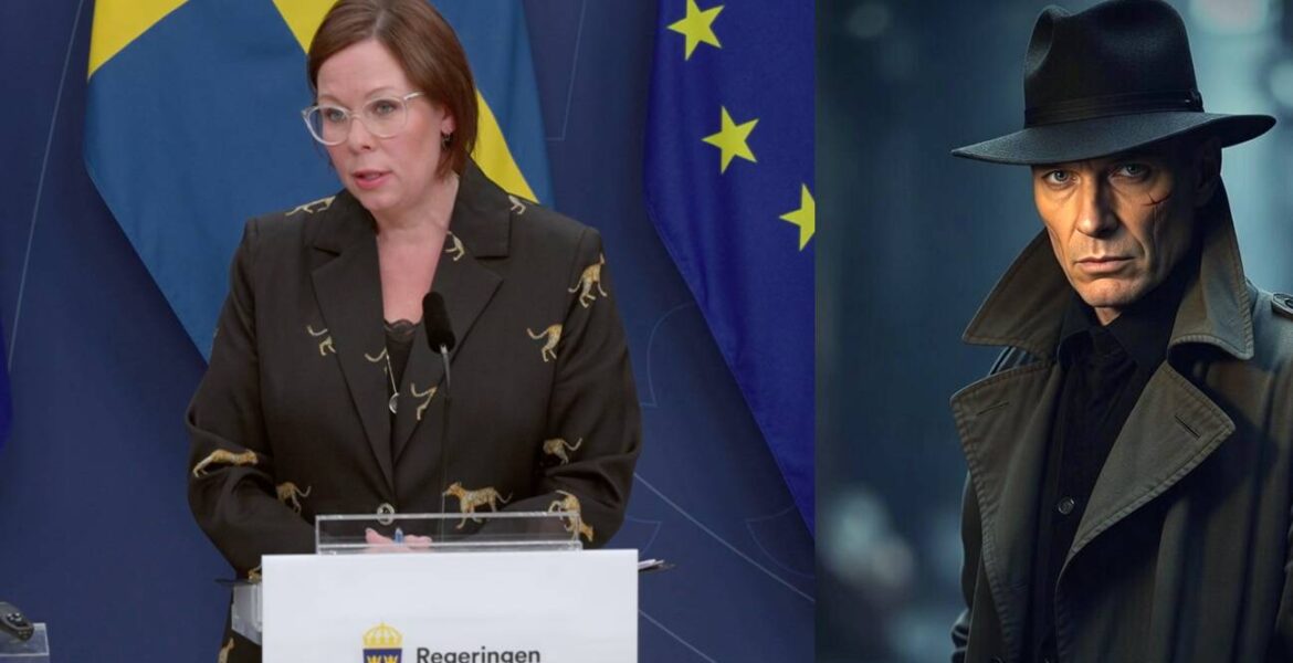 Utrikesminister Maria Malmer Stenergard (M) och en fiktiv spion i en klassisk trenchcoat.