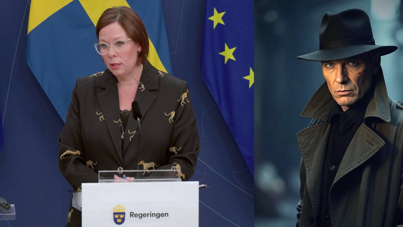Utrikesminister Maria Malmer Stenergard (M) och en fiktiv spion i en klassisk trenchcoat.