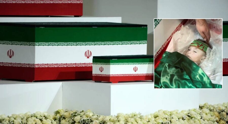 Coffins of the late Supreme Leader and slain relatives are displayed during the farewell ceremony at the Grand Mosalla in Tehran