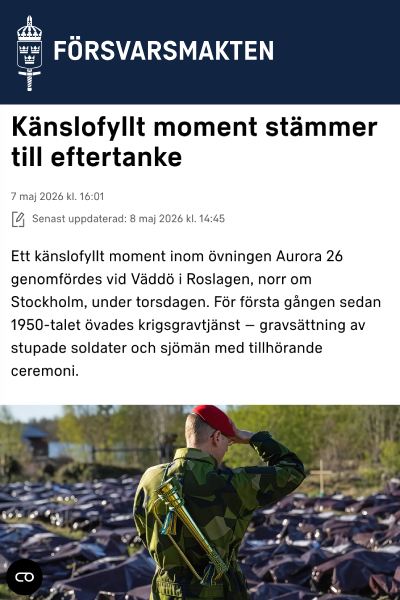 Försvarsmaktens artikel "Känslofyllt moment stämmer till eftertanke" handlar om en övning där man gräver massgravar för svenskar och ryssar | Skärmdump från Forsvarsmakten.se
